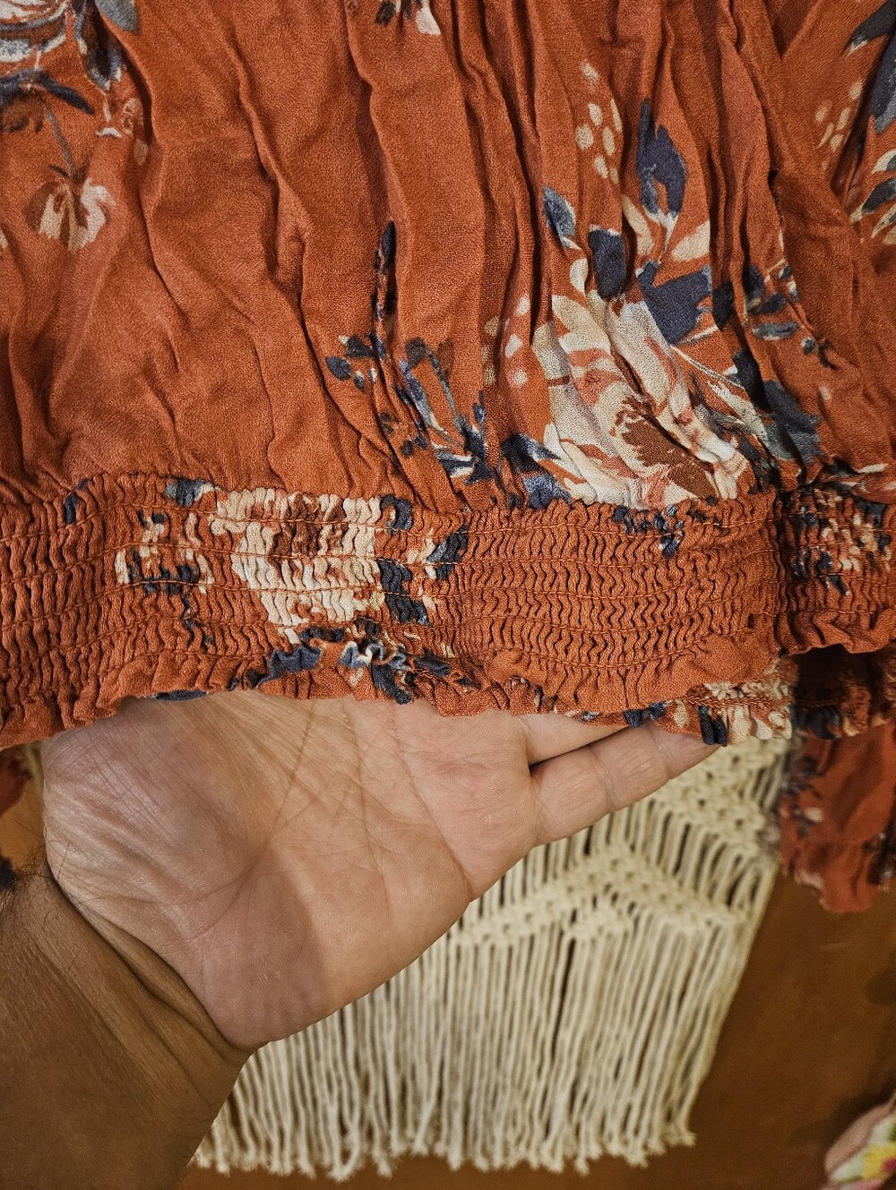 Arizona Jean Company Rust Floral Wrap Top with Blue and Cream Accents - Picture 5 of 5